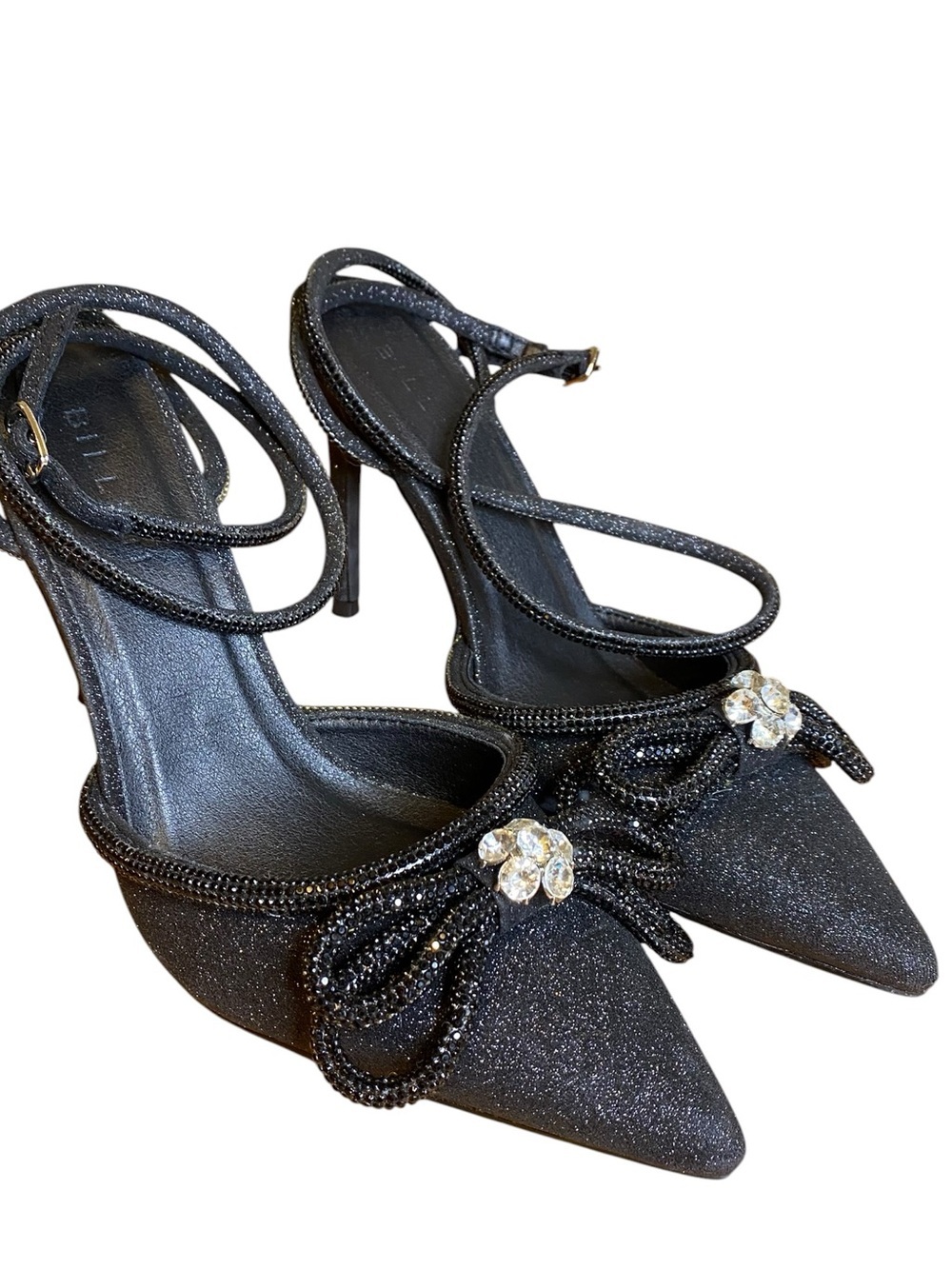 Billini Elope Black Glitter Rhinestone ankle wrap Stilettos Women’s Size 10